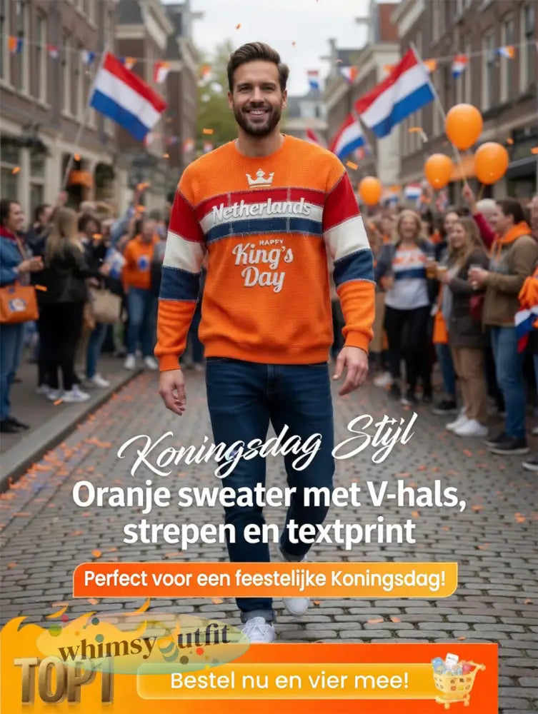 Heren Oranje Nederlandse Vlag Patchwork Koningsdag Print Casual T-shirt met Lange Mouwen
