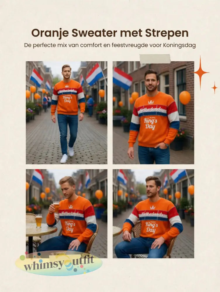 Heren Oranje Nederlandse Vlag Patchwork Koningsdag Print Casual T-shirt met Lange Mouwen