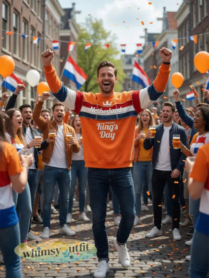 Heren Oranje Nederlandse Vlag Patchwork Koningsdag Print Casual T-shirt met Lange Mouwen