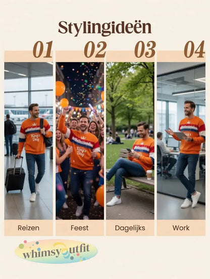 Heren Oranje Nederlandse Vlag Patchwork Koningsdag Print Casual T-shirt met Lange Mouwen