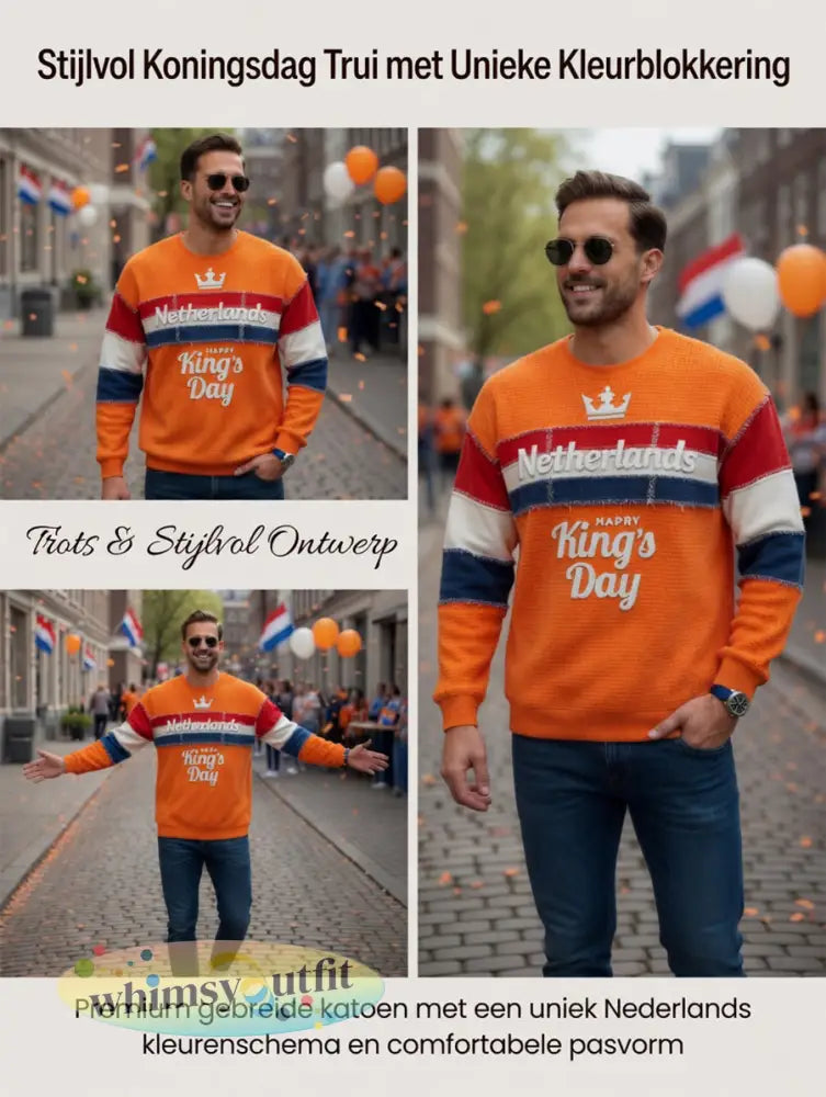 Heren Oranje Nederlandse Vlag Patchwork Koningsdag Print Casual T-shirt met Lange Mouwen