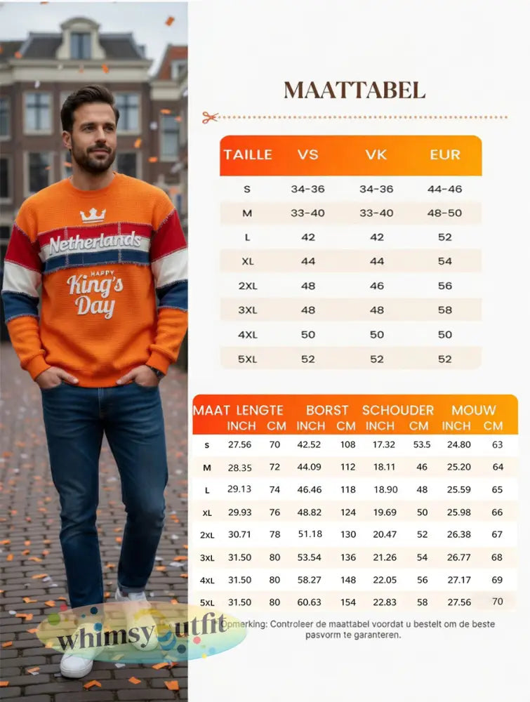 Heren Oranje Nederlandse Vlag Patchwork Koningsdag Print Casual T-shirt met Lange Mouwen