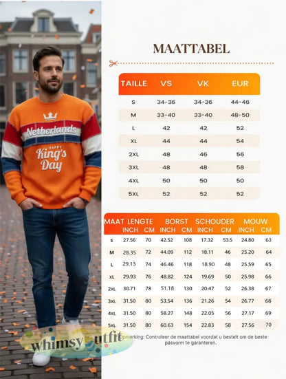 Heren Oranje Nederlandse Vlag Patchwork Koningsdag Print Casual T-shirt met Lange Mouwen