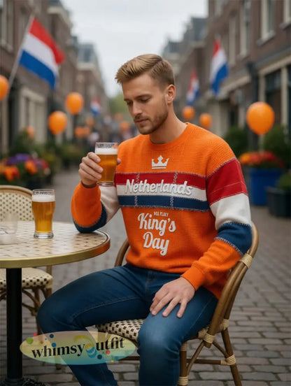 Heren Oranje Nederlandse Vlag Patchwork Koningsdag Print Casual T-shirt met Lange Mouwen - Sinaasappel / S