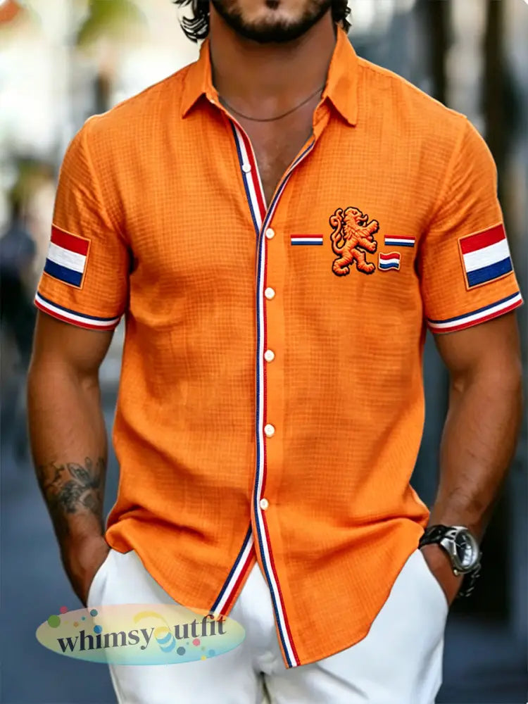 Heren oranje Nederlandse vlag print casual shirt met korte mouwen - Sinaasappel / S
