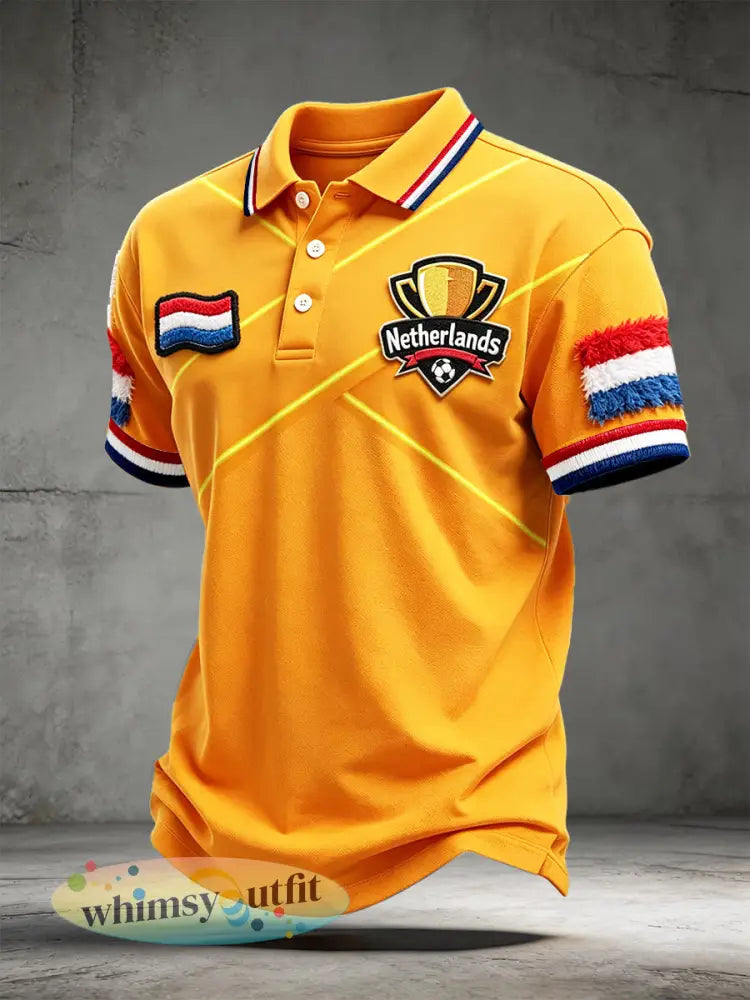 Heren Oranje Nederlandse Vlag Voetbalprint Casual Poloshirt - Sinaasappel / S