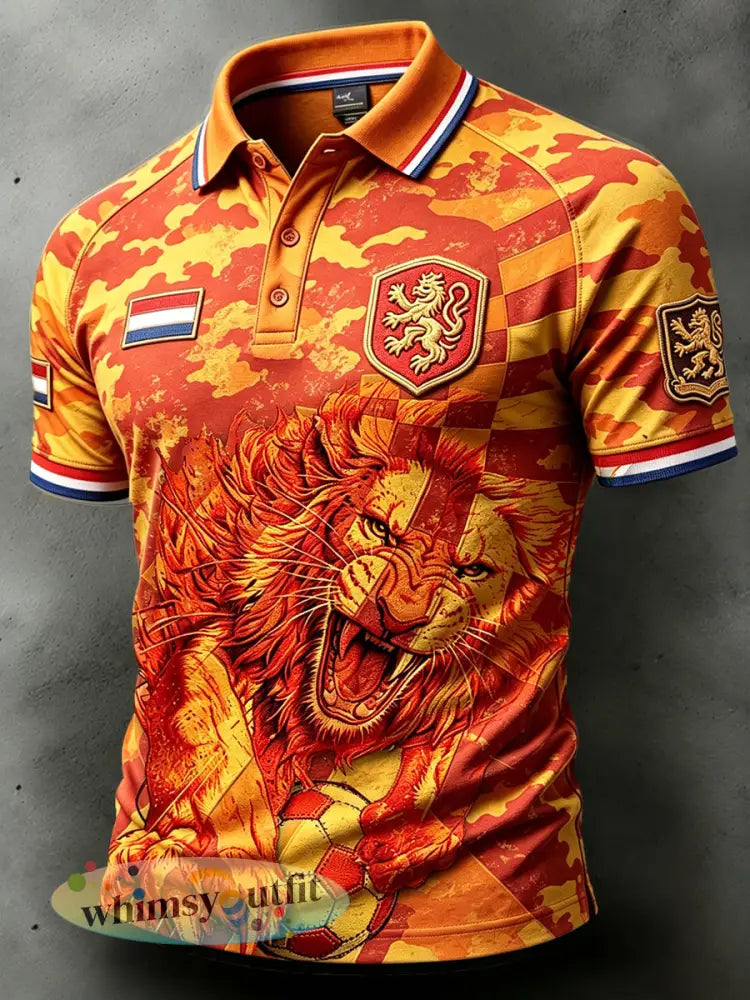 Heren Oranje Nederlandse Voetbal Leeuw Camouflage Print Casual Mode Poloshirt - Sinaasappel / S