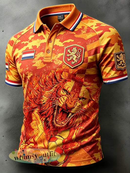 Heren Oranje Nederlandse Voetbal Leeuw Camouflage Print Casual Mode Poloshirt - Sinaasappel / S