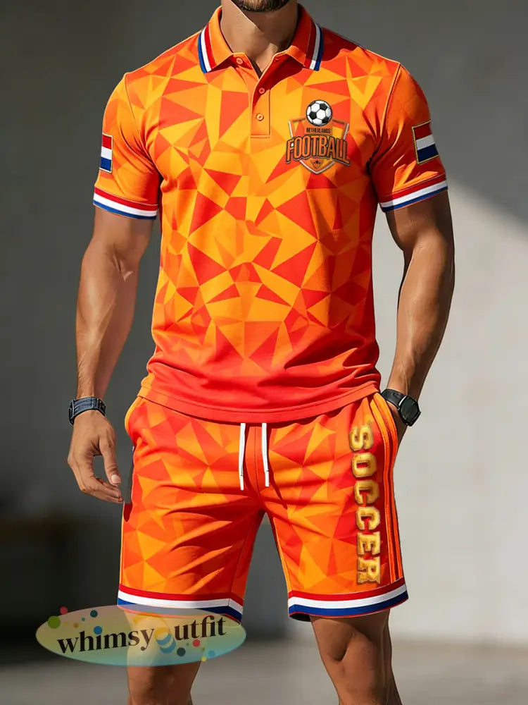 Heren oranje Nederlandse voetbalpolo met geometrisch patroon en bijpassende korte broek casual set - Sinaasappel / S