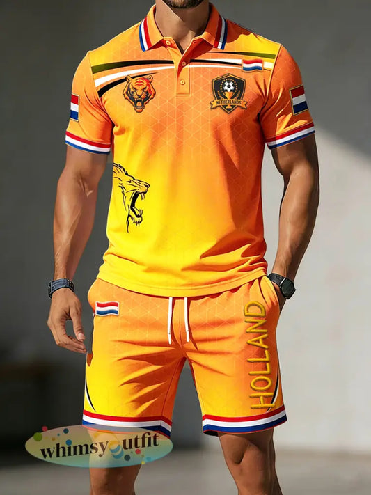 Heren oranje Nederlandse voetbalprint casual mode poloshirt en korte broek set - Sinaasappel / S