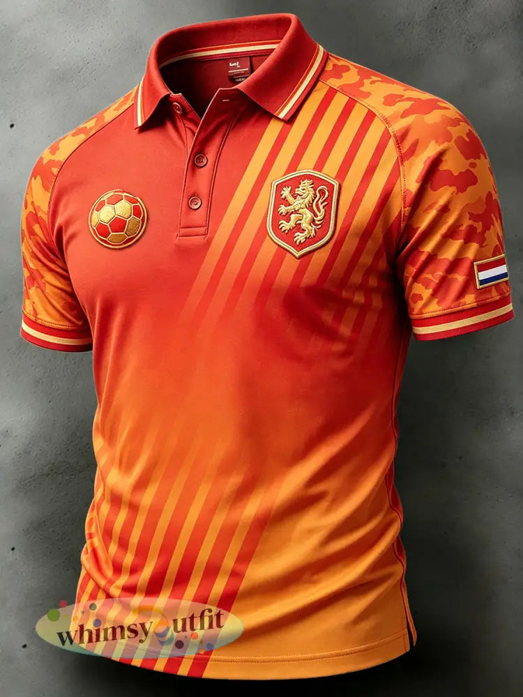 Heren Oranje Nederlandse Voetbalprint Casual Poloshirt - Sinaasappel / S