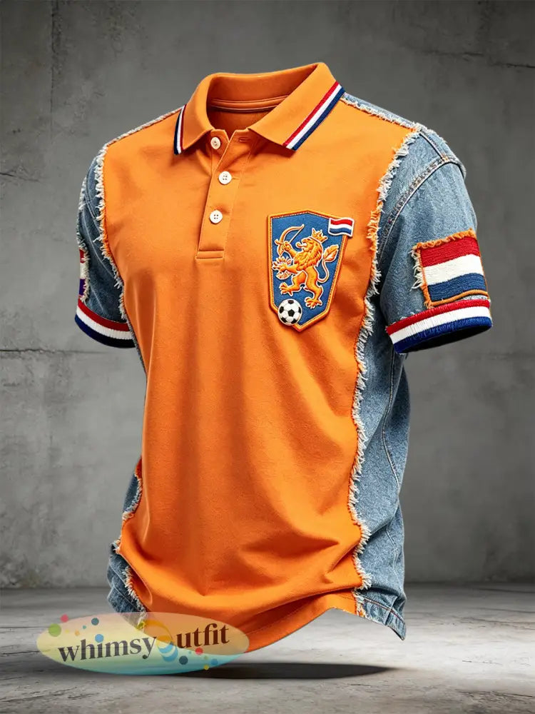Heren oranje patchwork Holland voetbalprint casual poloshirt - Sinaasappel / S