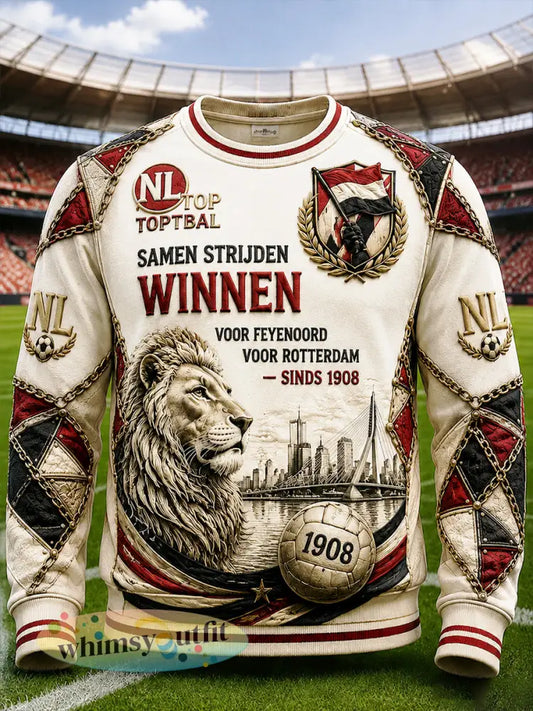 Heren Retro Nederlands Feyenoord voetbalclub patchworkprint casual ruimvallend sweatshirt - Beige / S