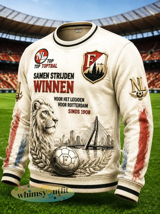Heren Retro Nederlandse Eredivisie Feyenoord Leeuwprint Casual Sweatshirt - Romig-Wit / S