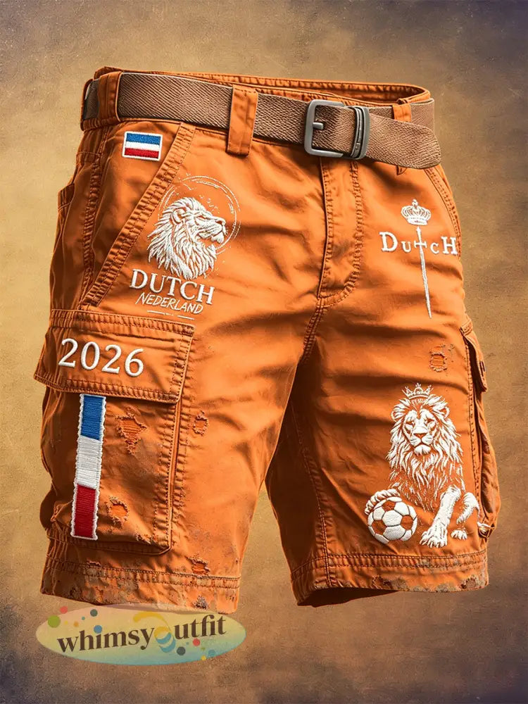 Heren Retro Oranje Nederlands Voetbalprint Casual Werk Shorts - Sinaasappel / S