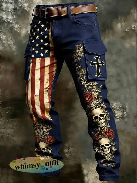 Heren Retro Vakantie Zakelijk Schedel Kunstprint Casual Werkbroek - Diep Blauw / S