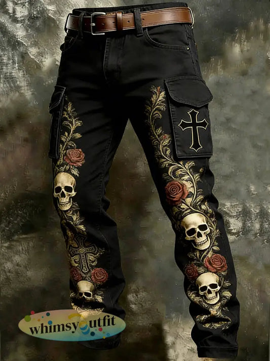 Heren Retro Vakantie Zakelijk Schedel Kunstprint Casual Werkbroek - Zwart / S