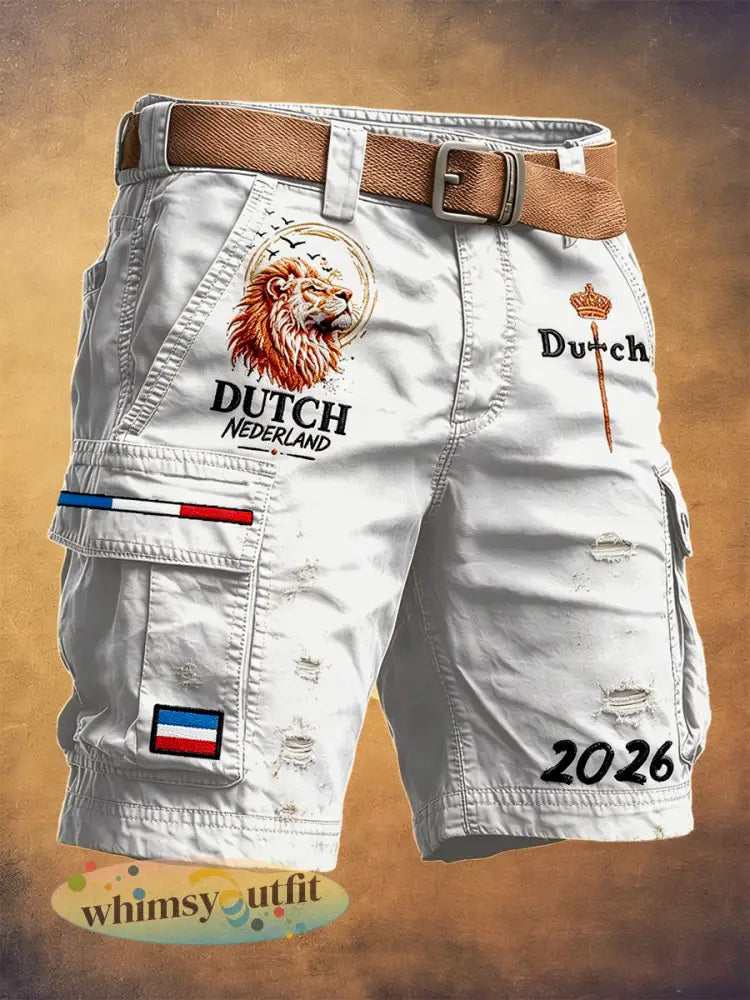 Heren Retro Wit Nederlands Voetbalprint Casual Werk Shorts - Wit / S