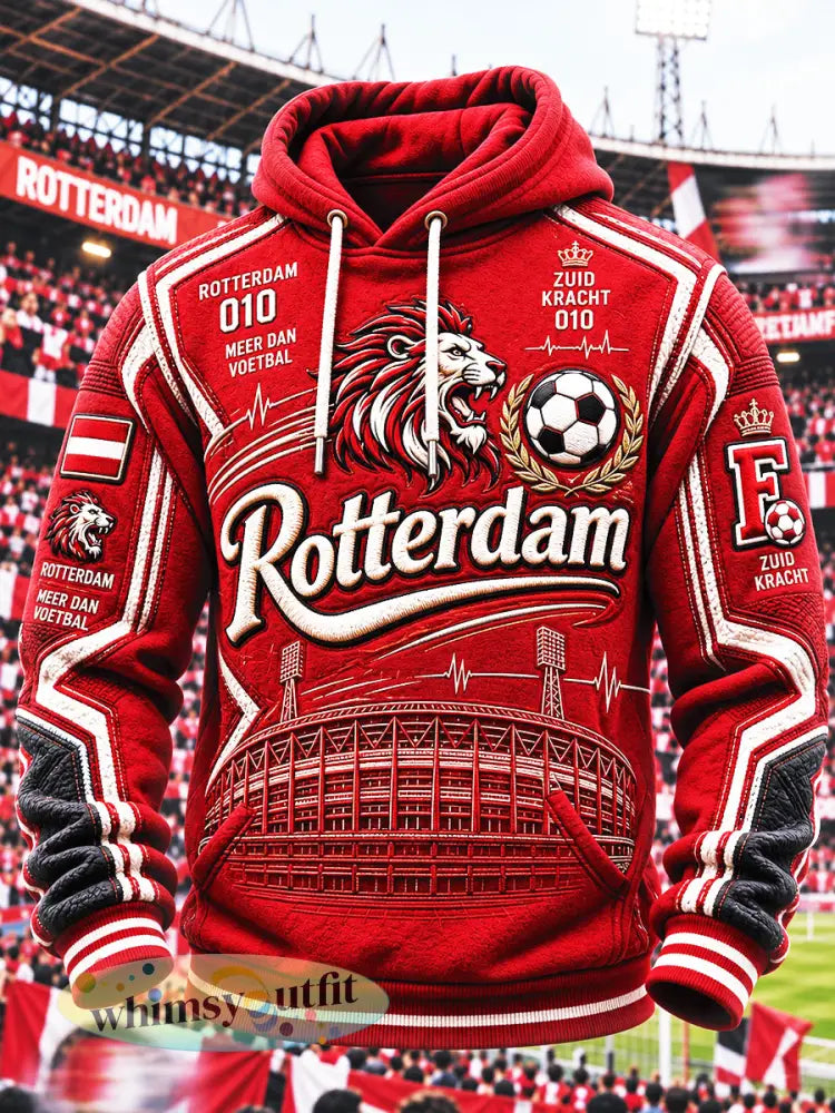 Heren Rood Nederlands Voetbal Feyenoord Leeuw Patchwork Print Casual Sweatshirt met capuchon - Rood / S