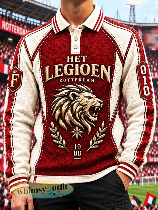 Feyenoord heren Rotterdam ’Lions’ patchwork print casual poloshirt met lange mouwen - Rood / S
