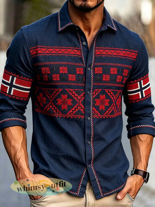 Heren Scandinavische stijl Noorwegen kunst bedrukt linnen shirt - Marineblauw / S