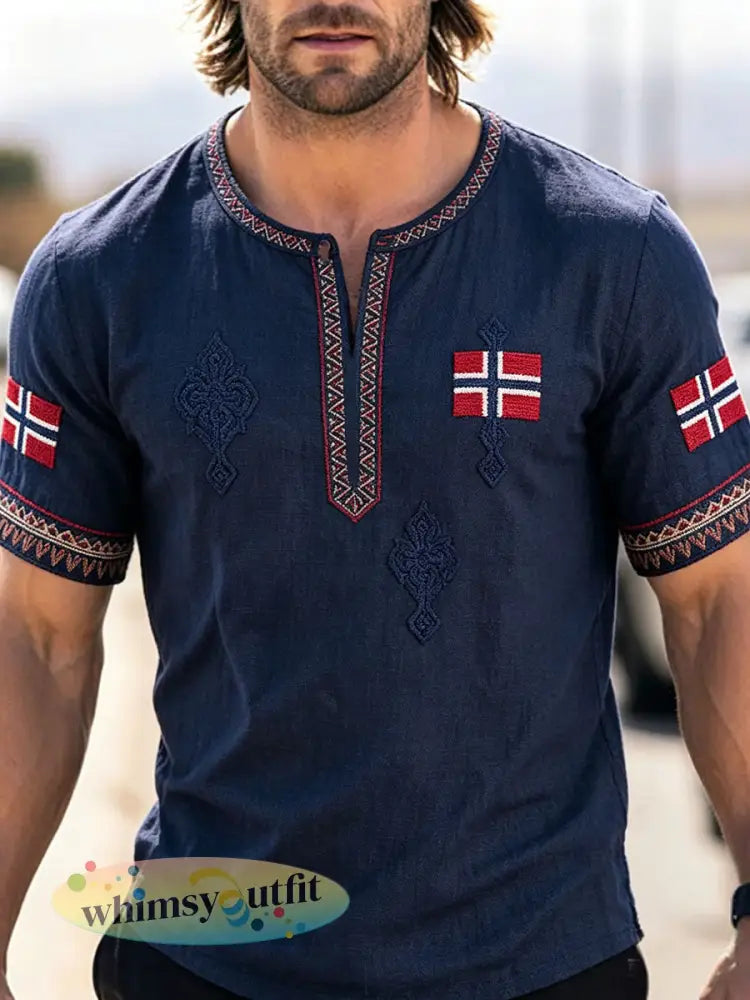 Heren Scandinavische stijl Noorwegen kunst bedrukt linnen T-shirt - Marineblauw / S