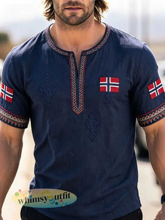 Heren Scandinavische stijl Noorwegen kunst bedrukt linnen T-shirt - Marineblauw / S