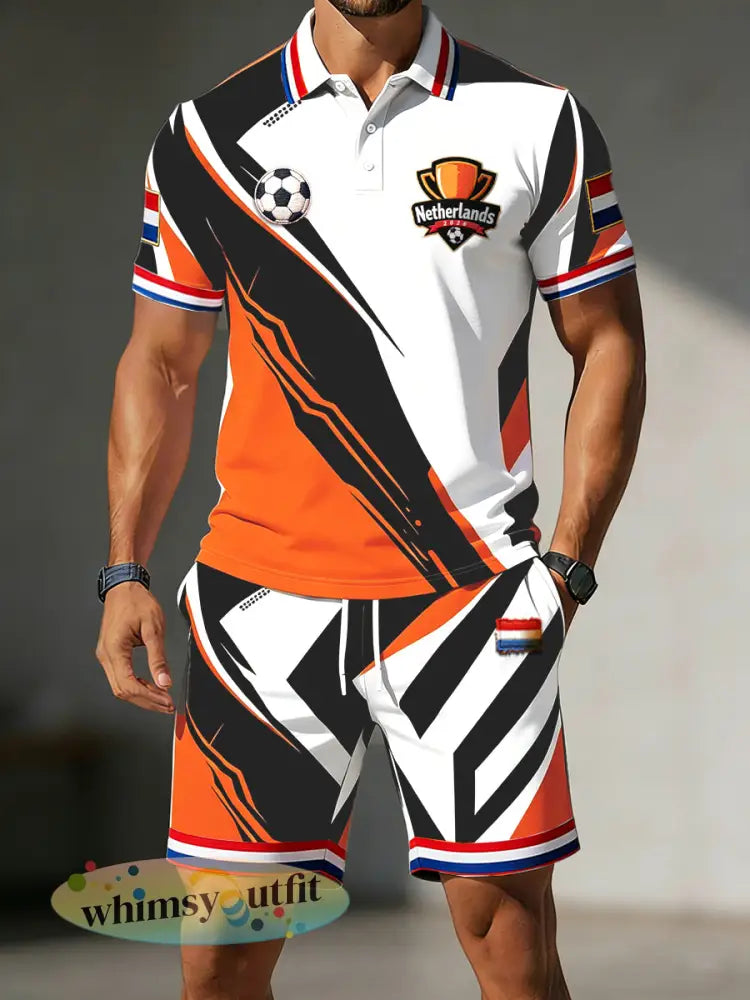 Heren set met gestreept creatief bedrukt casual t-shirt en korte broek geïnspireerd op het Nederlandse voetbal
