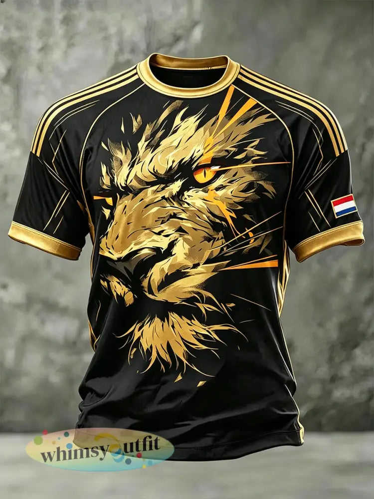 Heren sport-T-shirt in zwart en goud met leeuwenprint - A / S