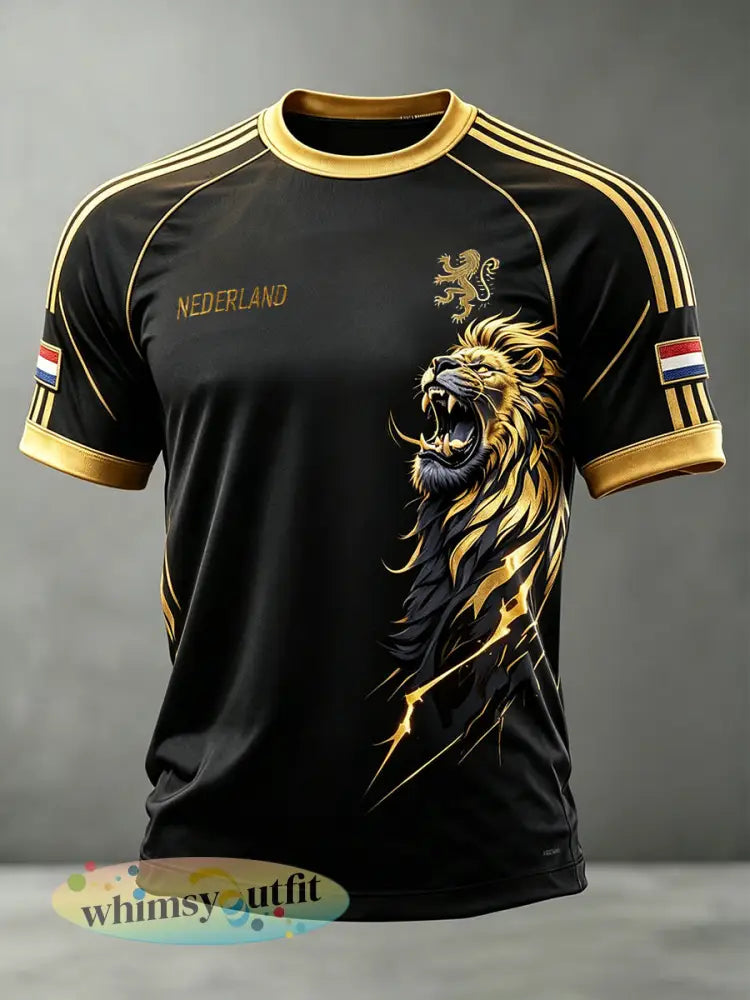 Heren sport-T-shirt in zwart en goud met leeuwenprint - A / S