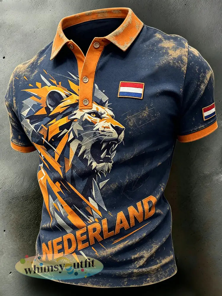 Heren sportpolo in distressed-stijl met leeuwenprint - A / S