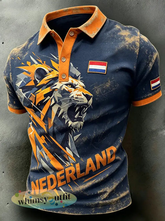 Heren sportpolo in distressed-stijl met leeuwenprint - A / S