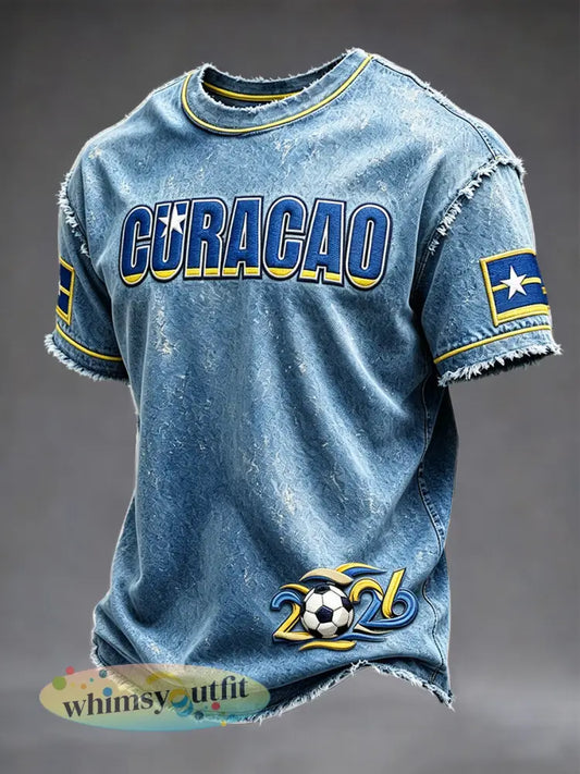 Heren T-shirt in blauw met Curaçaose voetbalinspiratie en denimprint casual stijl - Blauw / S