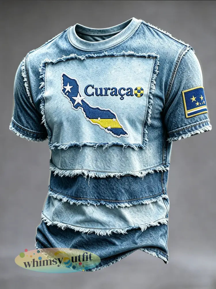 Heren T-shirt in curacaose denim met patchwork en voetbalprint casual stijl - Blauw / S
