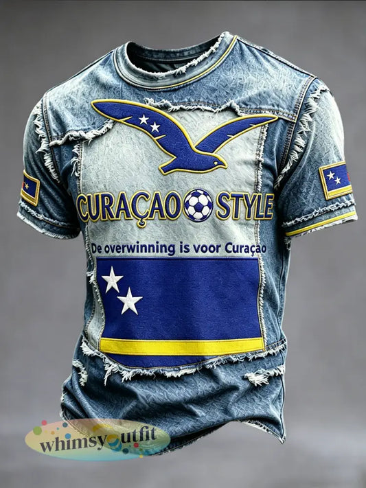 Heren T-shirt in denimstijl met Curaçaose voetbalinspiratie patchwork en 3D-print blauw casual - Blauw / S