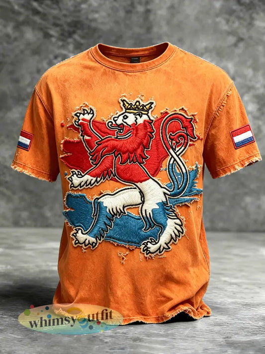 Heren T-shirt in oranje retro vintage-stijl met patchworkprint van de Nederlandse vlag - Sinaasappel / S