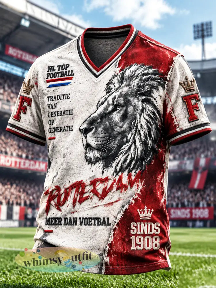 Heren T-shirt in retro Hollandse stijl met Feyenoord-leeuwenprint v-hals en casual design - Veelkleurig / S