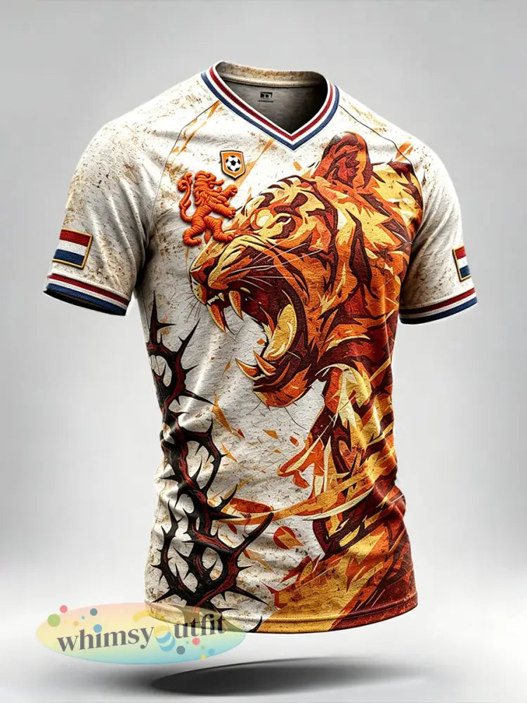 Heren T-shirt in retro Hollandse voetbalstijl met tijgerprint vrijetijdspasvorm en schouderloos ontwerp en V-hals