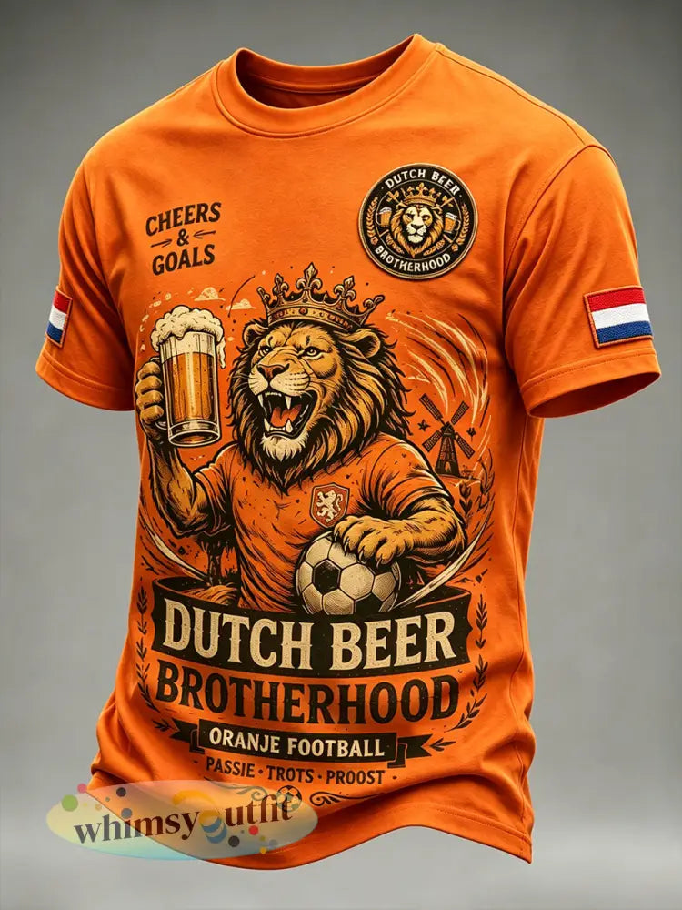 Heren T-shirt in retrostijl met leeuwen- en bierprint casual korte mouwen - A / S