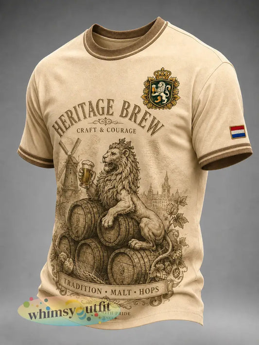 Heren T-shirt in retrostijl met leeuwen- en bierprint casual korte mouwen - A / S