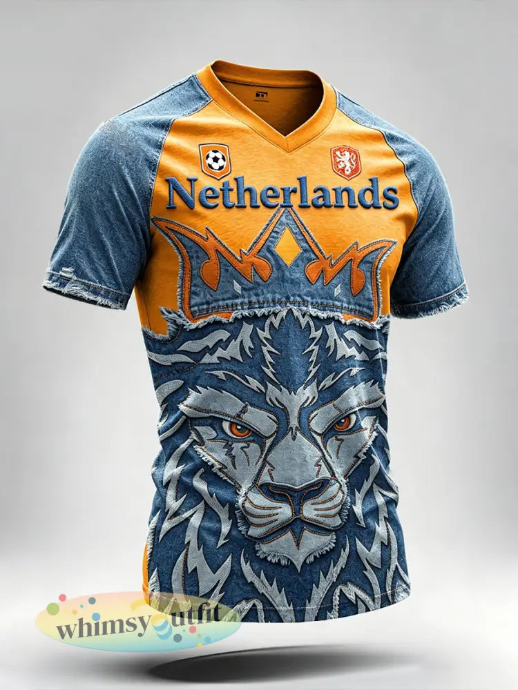Heren T-shirt in spijkerstofstijl met patchworkprint en V-hals casual Nederlandse voetbaltroepen - Blauw / S