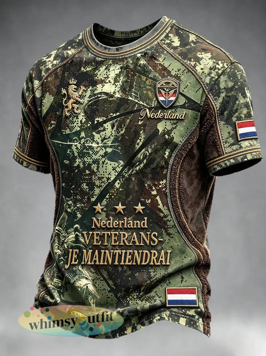 Heren T-shirt in vintage camouflagestijl met Nederlandse veteraanprint en patchwork-ontwerp casual - Groene Leger / S