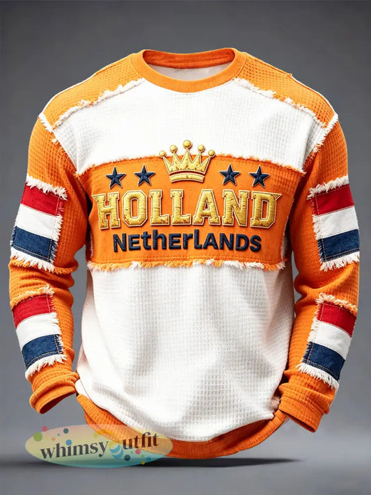 Heren T-shirt in wafelstof met lange mouwen en panelen met Hollandse print casual styl - Sinaasappel / S