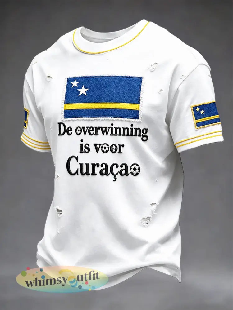 Heren T-shirt in wit met casual patchworkprint en voetbalontwerp van Curaçao - Wit / S