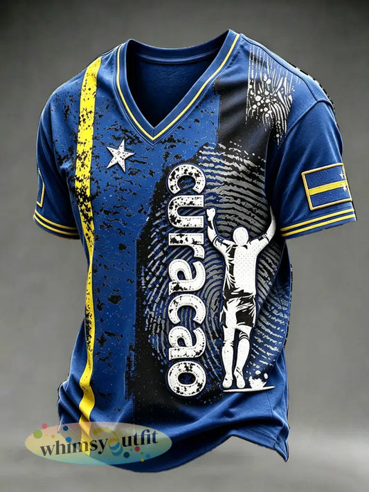 Heren-T-shirt met 3D-geprint vlag van Curaçao en V-hals - Blauw / S