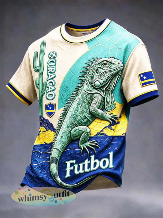 Heren T-shirt met 3D-patchworkprint van voetballende hagedissen uit Curaçao casual stijl - Veelkleurig / S