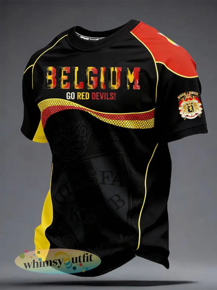 Heren T-shirt met Belgisch voetbalthema en print - Zwart / S