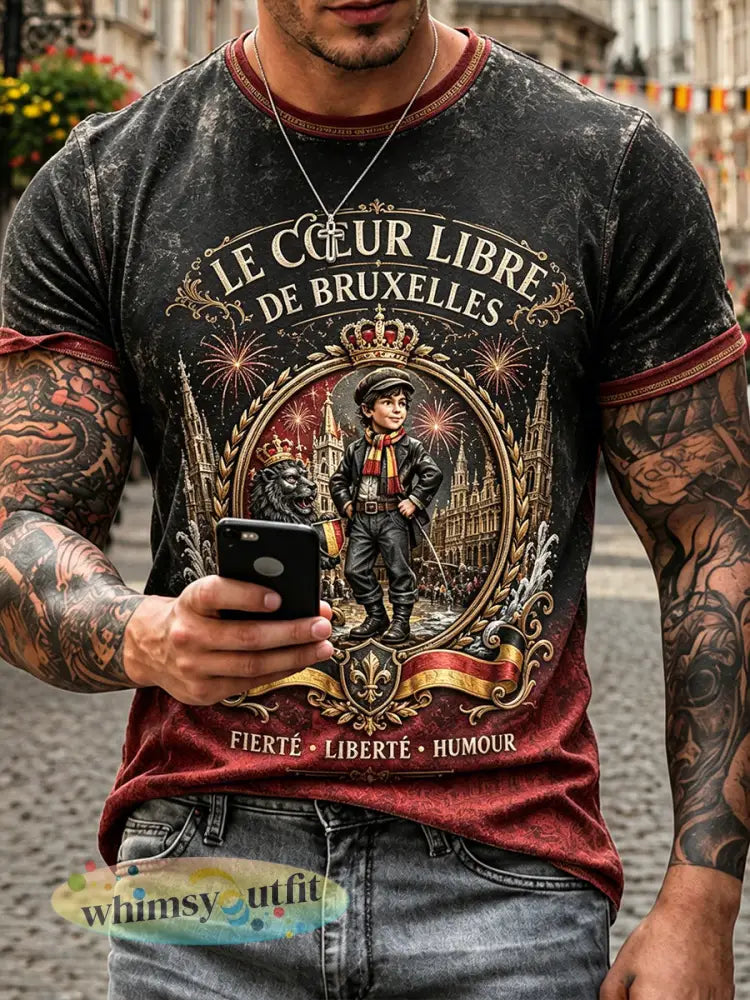 Heren T-shirt met Belgische nationale dagbieren en kunstprint - Rood / S