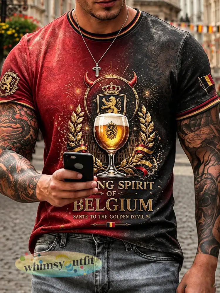 Heren T-shirt met Belgische nationale dagbieren en kunstprint - Rood / S