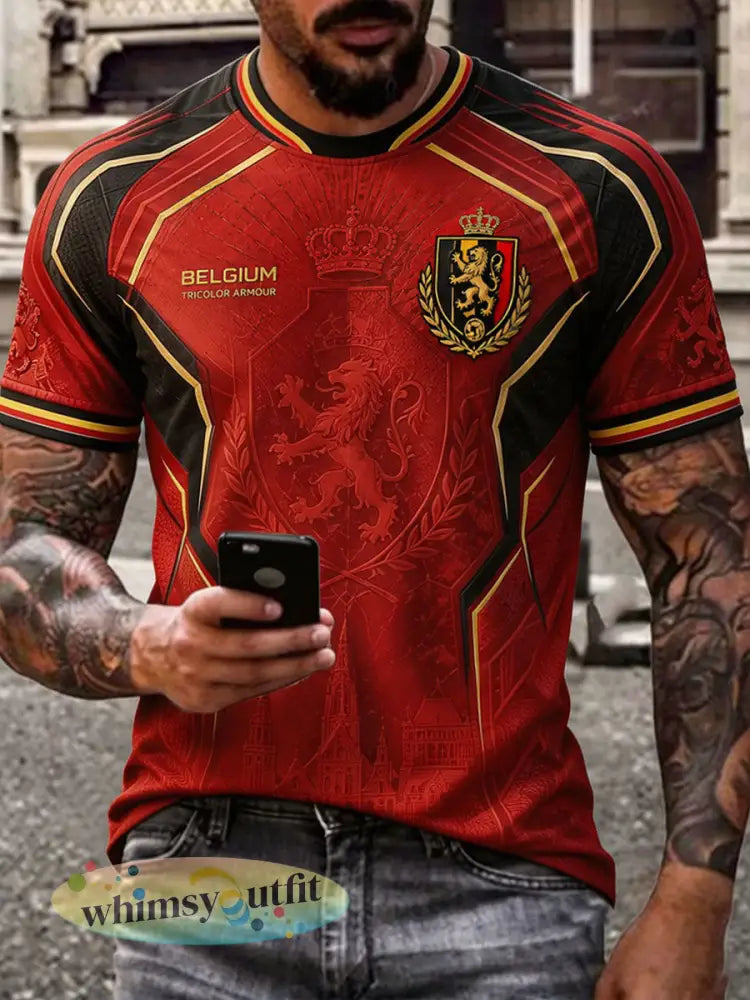 Heren T-shirt met Belgische voetbal- liefdes- en trotsmotieven in opdruk - Rood / S